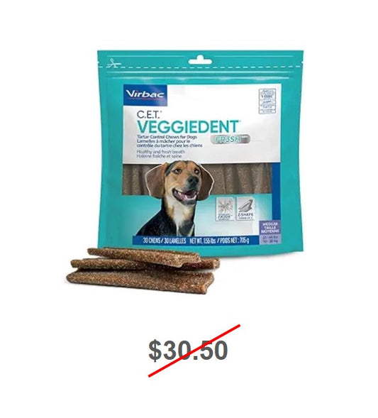 C.E.T. VeggieDent FR3SH Tartar Control Chews for Medium Dogs, 30 Count