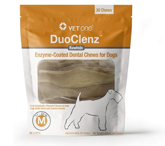 DuoClenz Rawhide, Enzyme-Coated Dental Chews for Dogs, Medium, 30 Count